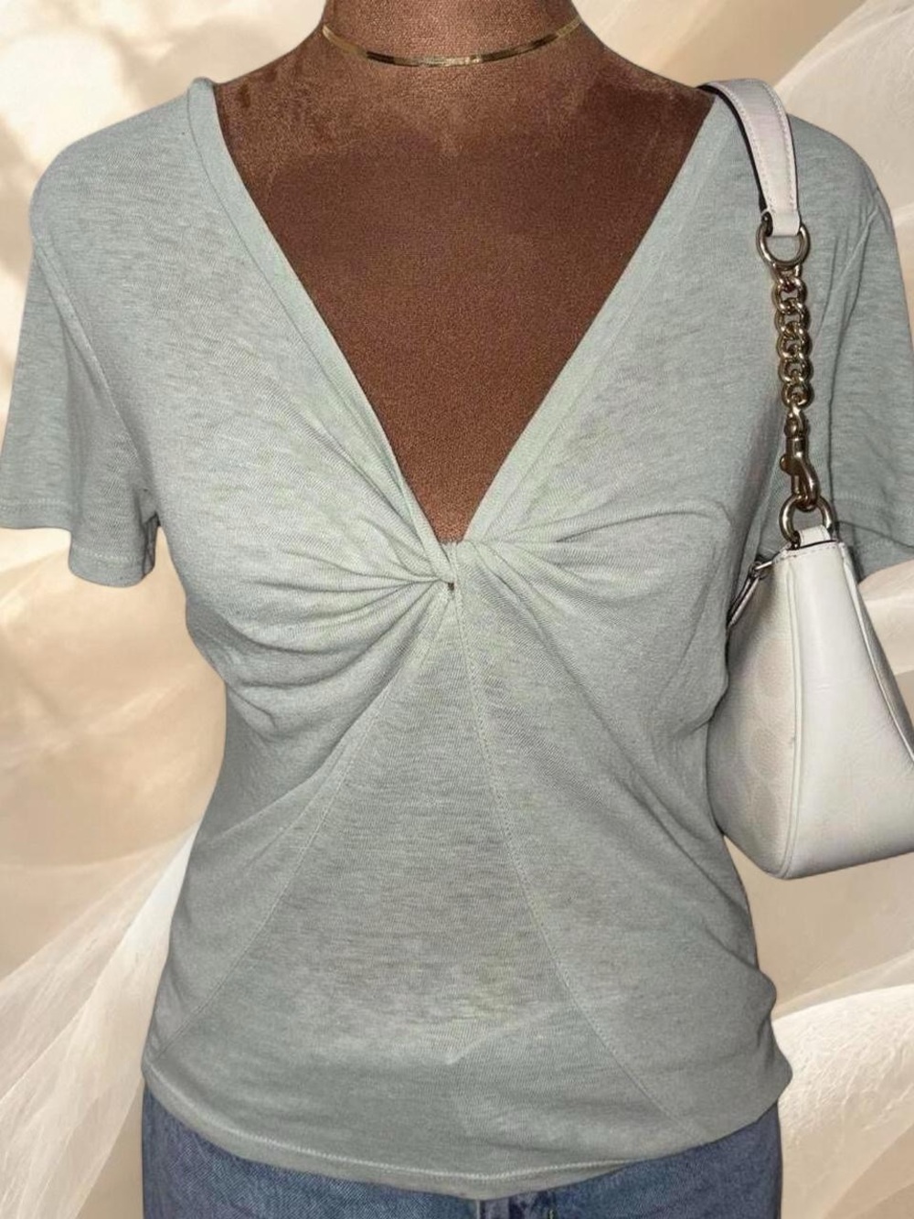 A New Day Sage Green Twist Front Linen Tee XS